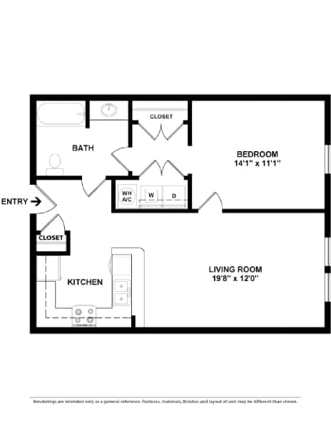 A floor plan of a small apartment with a living room, kitchen, bathroom and bedroom.