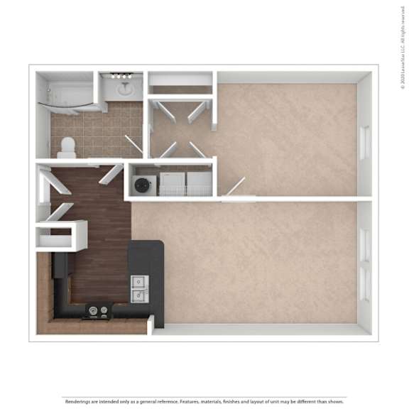 A floor plan of a room with a kitchen, bathroom, and living room.