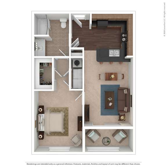A floor plan of a small apartment with a kitchen, living room, and bathroom.