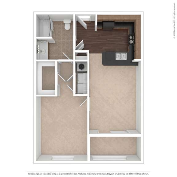 A floor plan of a small apartment with a kitchen, bathroom, and living room.