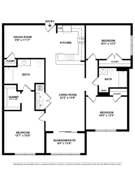 A black and white image of a floor plan for a home with a living room, dining room, kitchen, and four bedrooms.