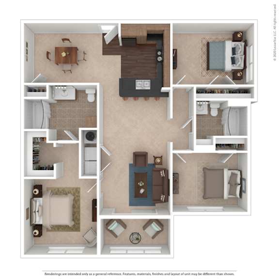 A floor plan of a house with a kitchen, living room, dining room, and bathrooms.
