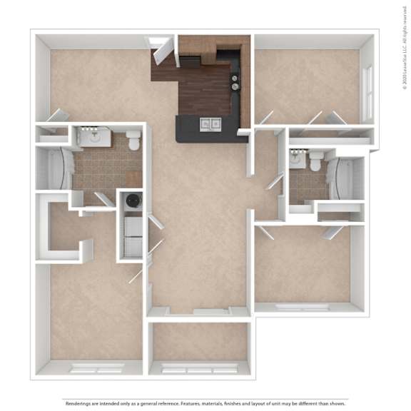 A floor plan of a house with a kitchen, living room, and two bedrooms.