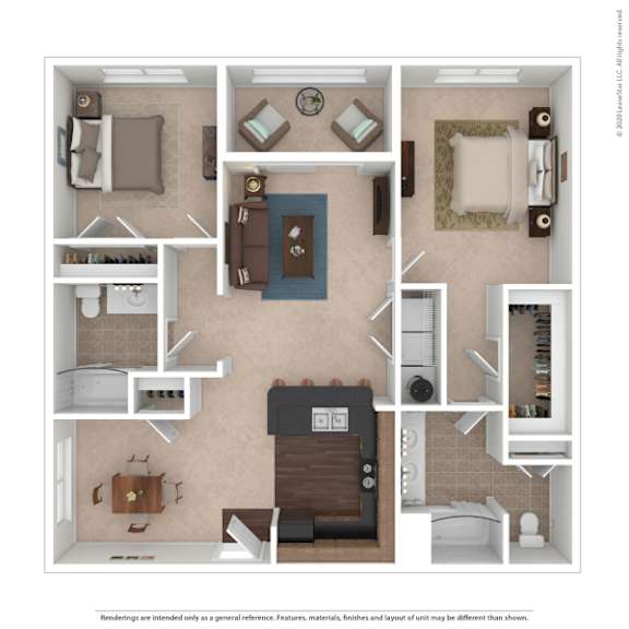 A 3D floor plan of a house showing a kitchen, living room, and bedrooms.