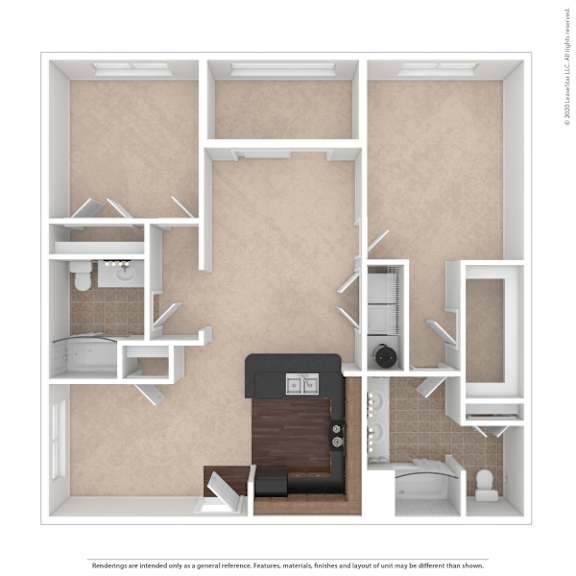 A 3D rendered image of a small apartment layout.