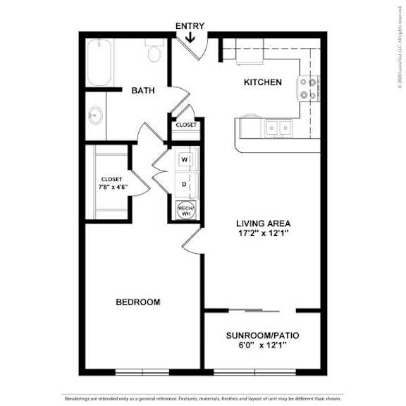 A floor plan of a small apartment with a bedroom, bathroom, kitchen, and living area.