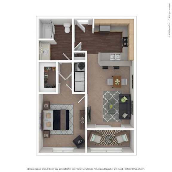 A floor plan of a house with a kitchen, living room, dining room, and bathroom.