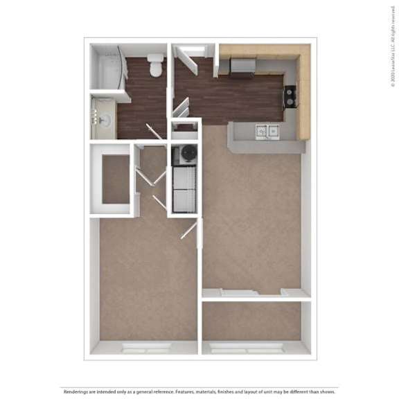 A floor plan of a small apartment with a kitchen, living room, and bathroom.