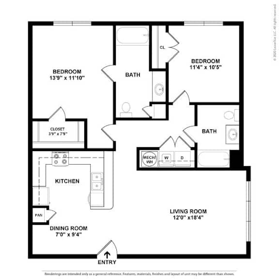 A black and white image of a floor plan for a home with a living room, dining room, kitchen, and two bedrooms.