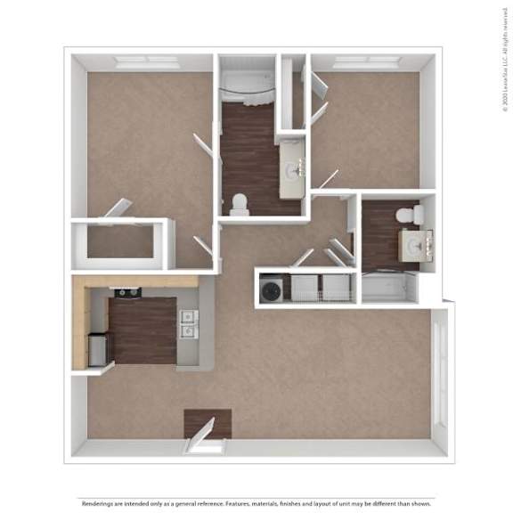 A 3D rendered image of a small apartment layout.