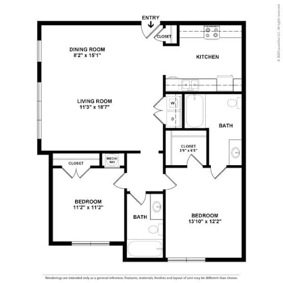 A floor plan of a home with a living room, dining room, kitchen, and two bedrooms.