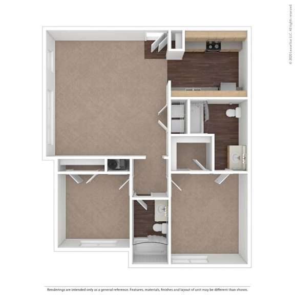 A floor plan of a small apartment with a kitchen, living room, and bathroom.