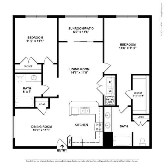 A black and white image of a floor plan for a home with a sunroom, two bedrooms, a living room, a dining room, a kitchen, and two bathrooms.