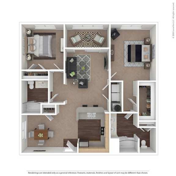 A floor plan of a house with a kitchen, living room, dining room, and two bedrooms.