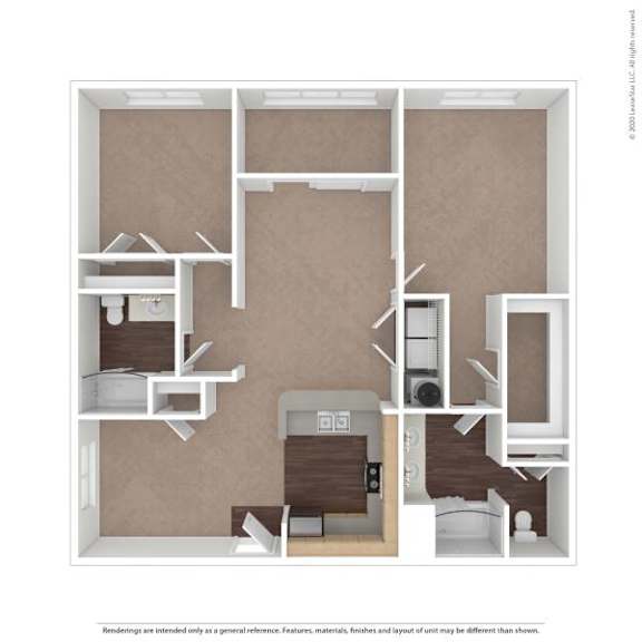 A floor plan of a small apartment with a kitchen, living room, and two bedrooms.