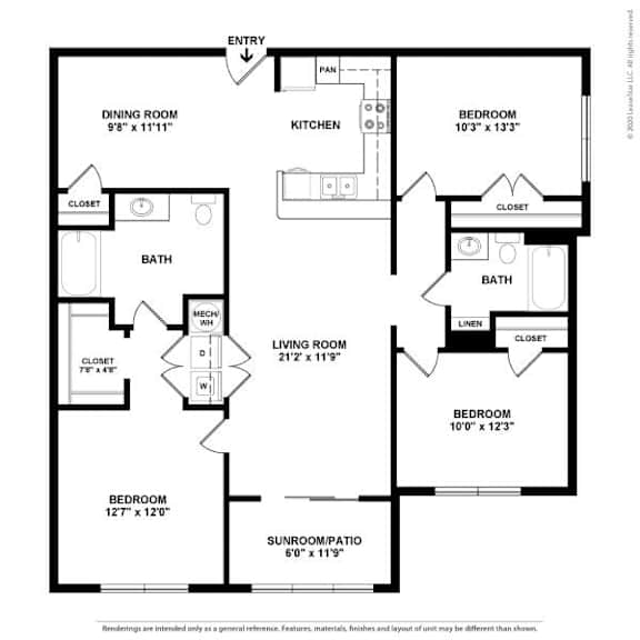 A black and white image of a floor plan for a home with a living room, two bedrooms, a kitchen, a dining room, and two bathrooms.