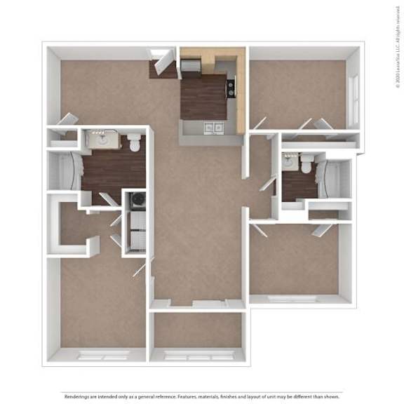A floor plan of an apartment with a kitchen, living room, and two bedrooms.