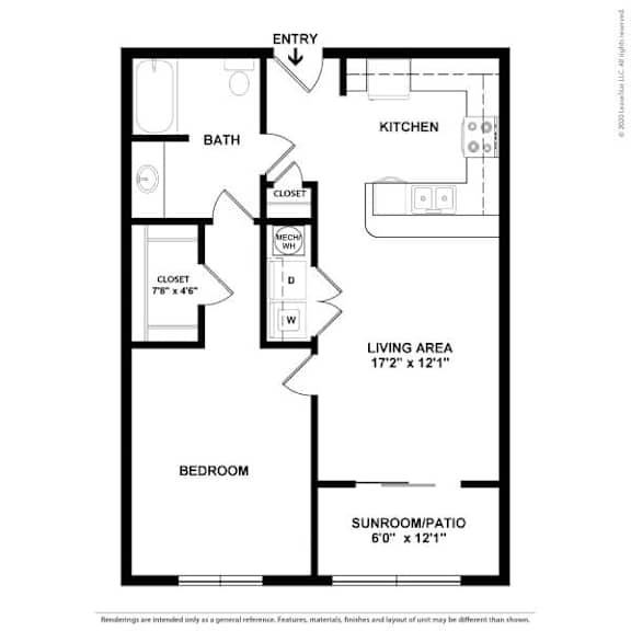 A floor plan of a small apartment with a living area, bedroom, and bathroom.