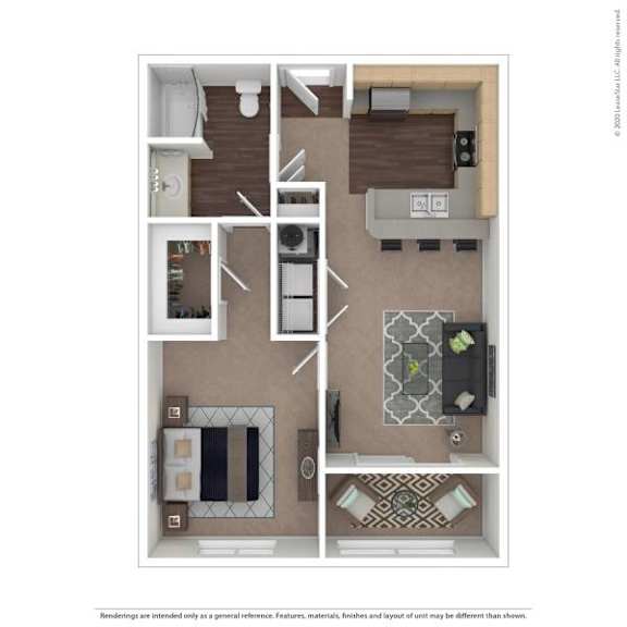 A floor plan of a small apartment with a kitchen, living room, and bathroom.