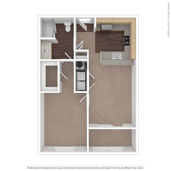 A floor plan of an apartment with a kitchen, living room, and two bedrooms.