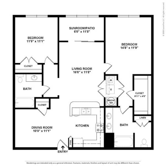 A black and white image of a floor plan for a home with a living room, dining room, kitchen, two bedrooms, two bathrooms, and a sunroom.
