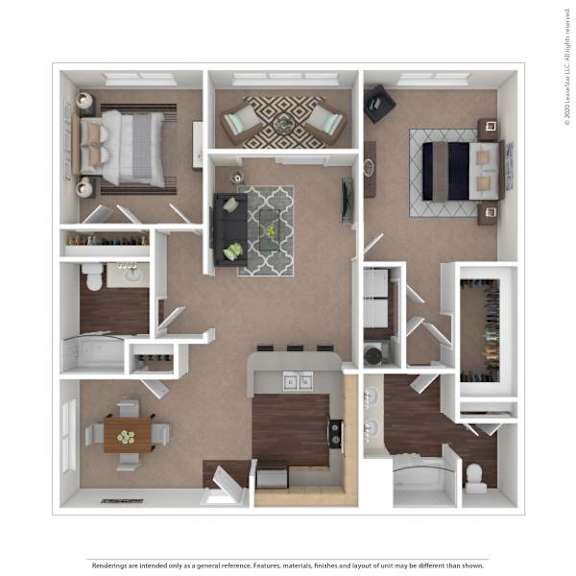 A floor plan of a small apartment with a kitchen, living room, and two bedrooms.