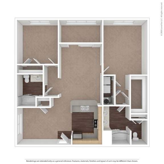 A 3D rendered image of a house layout.