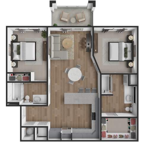 A top-down view of a modern apartment layout with a central kitchen island, living room, and bedrooms.