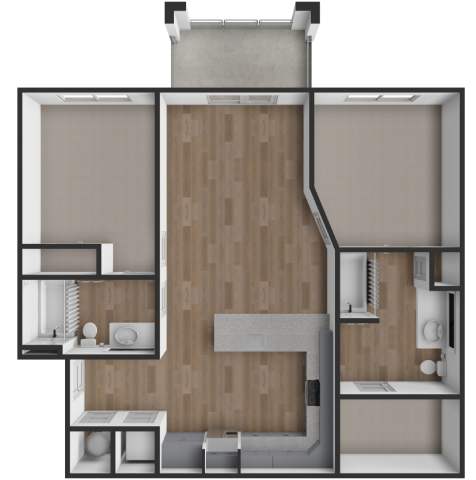 A 3D rendered image of a modern apartment layout.