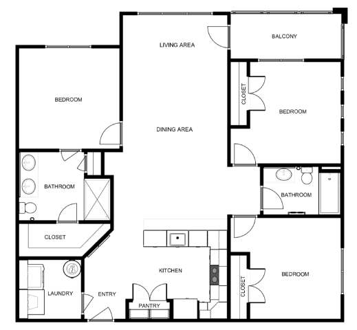A black and white floor plan of an apartment with labeled rooms.