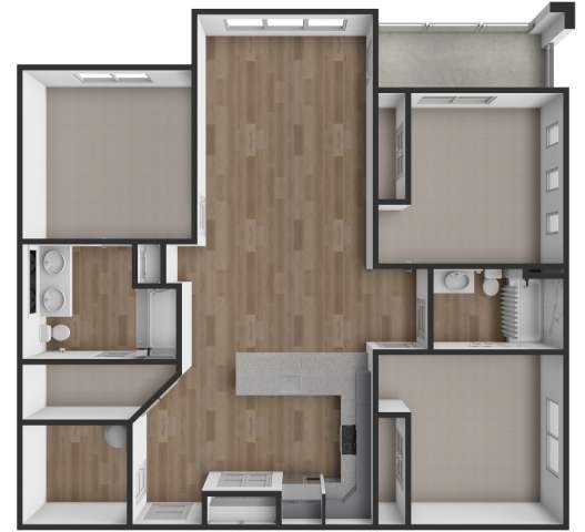 A 3D rendered image of a modern apartment layout.