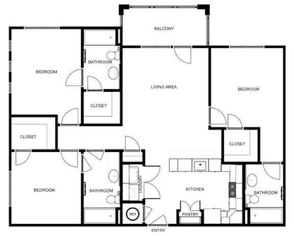 A black and white floor plan of a house with a balcony, living area, kitchen, pantry, and multiple bedrooms and bathrooms.