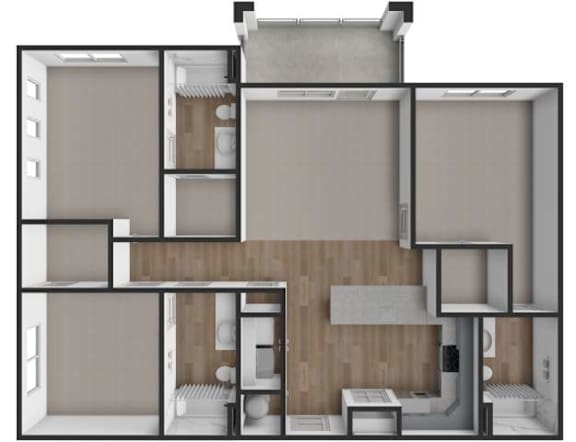 A modern house plan with a kitchen, living room, and two bedrooms.