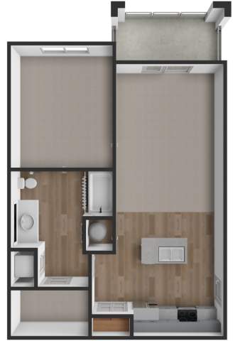 A floor plan of a room with a kitchen, living room, and bathroom.