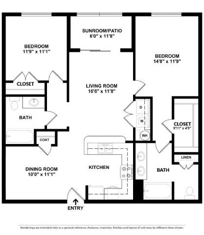 A black and white image of a floor plan for a house with a sunroom, two bedrooms, a living room, a dining room, a kitchen, two bathrooms, and a coat closet.