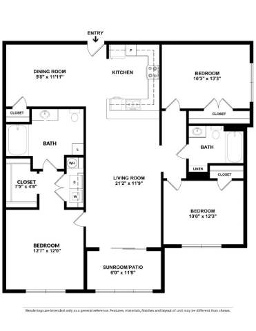 A black and white image of a floor plan for a house with a living room, dining room, kitchen, and several bedrooms.