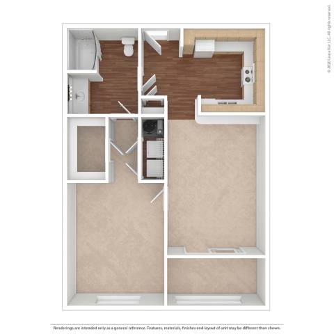 A floor plan of a small apartment with a kitchen, living room, and bathroom.