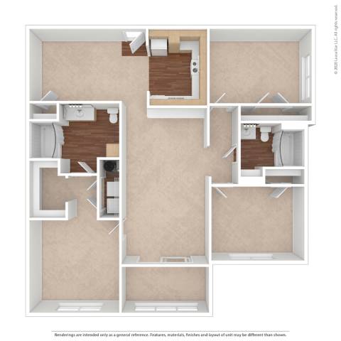 A drawing of a house layout with a kitchen, living room, and two bedrooms.