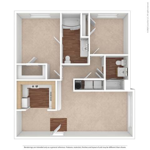 A floor plan of a house with a kitchen, living room, and two bathrooms.