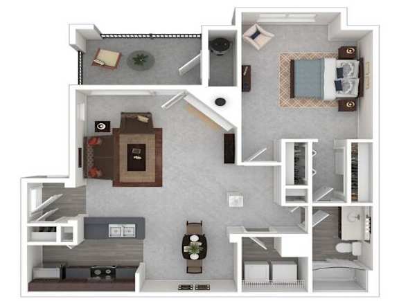 A 3D floor plan of a small apartment with a kitchen, living room, and bedroom.