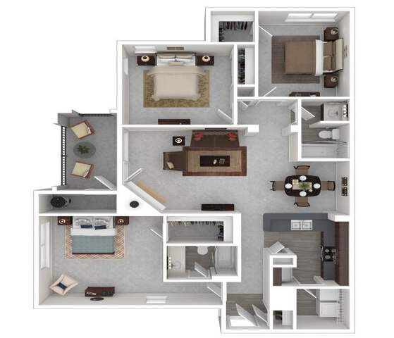 A top-down view of a small apartment layout with a kitchen, living room, and bedrooms.