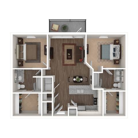 A floor plan of a house with a kitchen, living room, and two bedrooms.