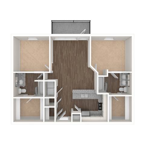 A floor plan of a small apartment with a kitchen, living room, and two bedrooms.