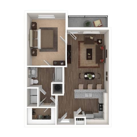 A floor plan of a small apartment with a kitchen, living room, and bedroom.