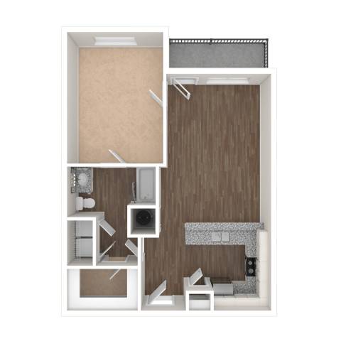 A drawing of a small apartment with a bedroom, living room, and kitchen.