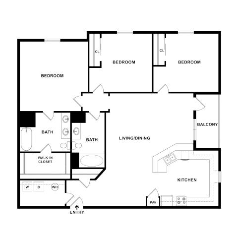 A black and white image of a house floor plan with an entry point.
