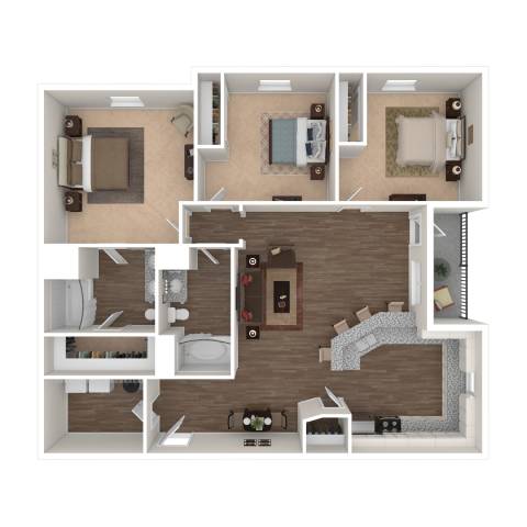 A 3D floor plan of a house showing the layout of the rooms.