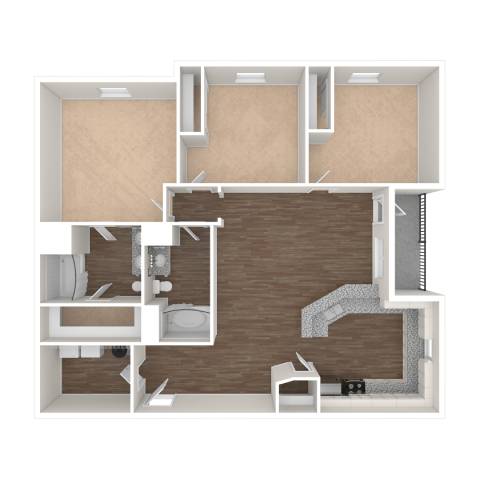 A 3D floor plan of a small apartment with a kitchen, living room, and bathroom.