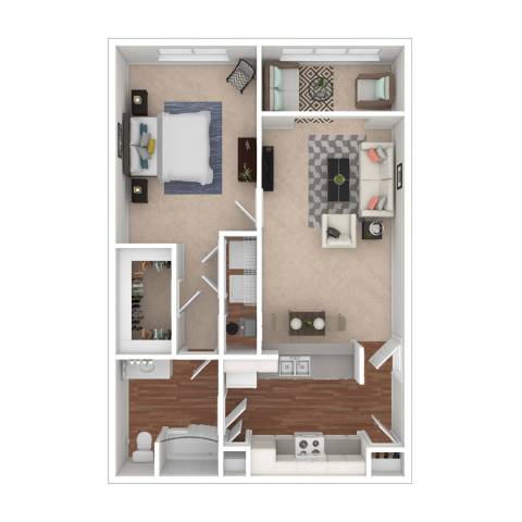 A floor plan of a small apartment with a bedroom, living room, and kitchen.