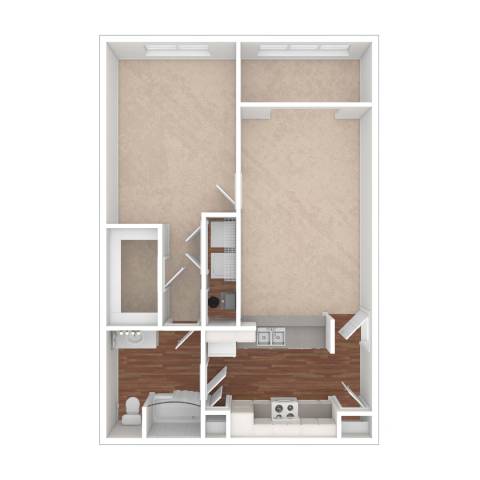 A drawing of a room with a bed, desk, and chair.